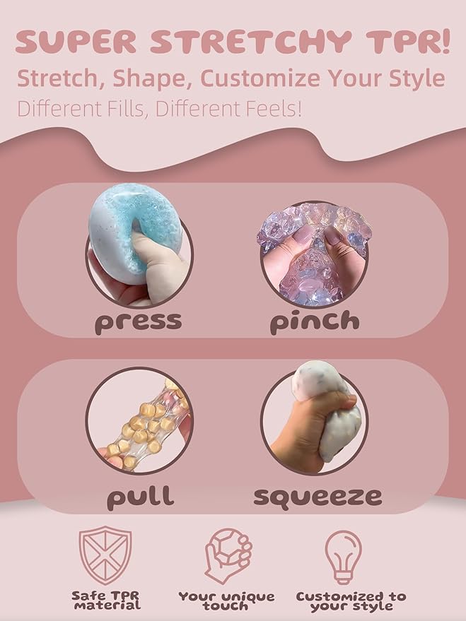 DIY Stress Ball Making Kit - 10 TPR Skins, 13 Fillers, 14 oz Slime, 7 oz Clay, Create ASMR Anxiety Relief Toys, Handmade Squishy Stress Balls, Unique Self-Care Gifts for Women, Crunchy and Relaxing-CubbioJoy