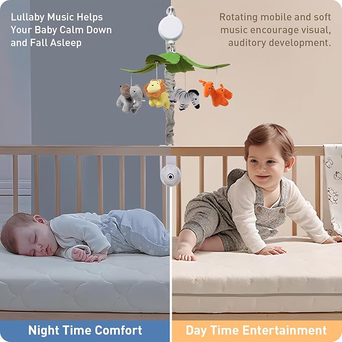 Baby Crib Mobile - Jungle Animal Mobile for Crib Nursery Musical Mobile Gender Neutral for Boys and Girls with 12 Lullabies Ceiling Mobile Presents for Newborn-CubbioJoy