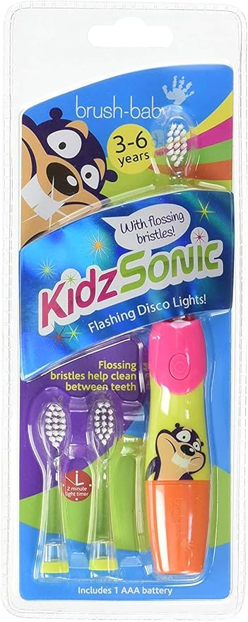 Brush Baby KidzSonic Toddler and Kid Electric Toothbrush for Ages 3+ Years - Disco Lights, Gentle Vibration, and Smart Timer Provide a Fun Brushing Experience - (3) 3+ yrs Brush Heads Included (Pink)-CubbioJoy