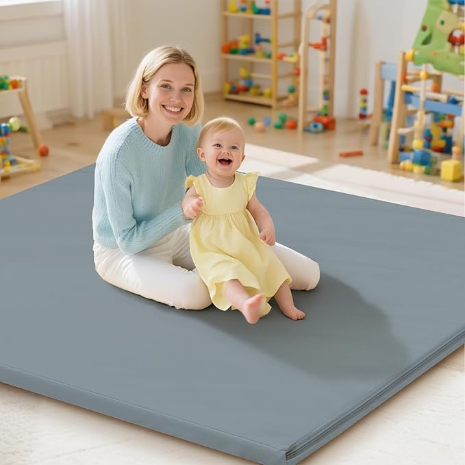 Baby Play Mat 47x47 Inches, Extra Thick 1.2" Foam Floor Mat for Tummy Time & Crawling, Waterproof Non-Slip Faux Leather Playpen Mat for Infants Toddlers, Indoor Outdoor Gym Activity, Blue-CubbioJoy
