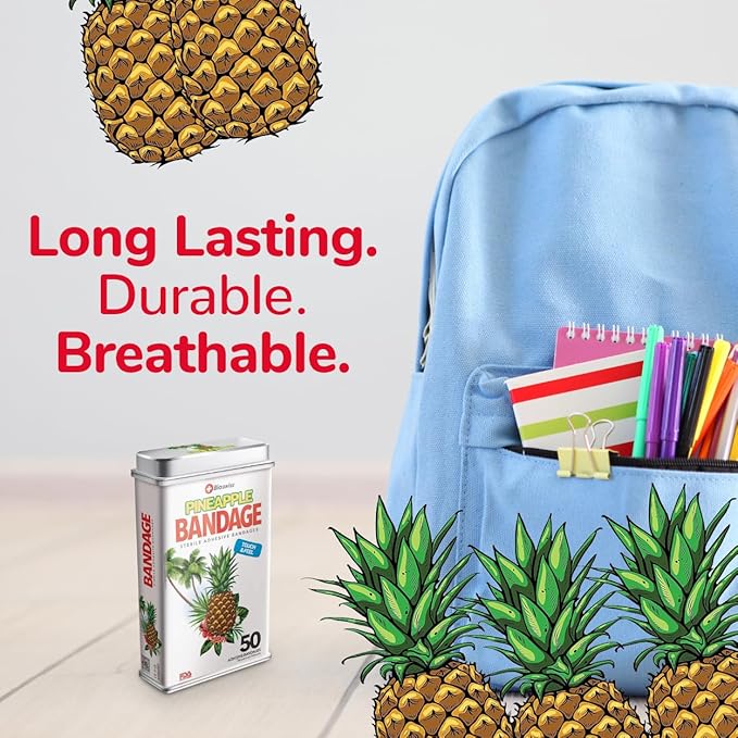 BioSwiss Bandages, Pineapple Shaped Self Adhesive Bandage, Latex Free Sterile Wound Care, Fun First Aid Kit Supplies for Kids, 50 Count-CubbioJoy