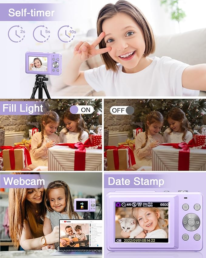 Digital Camera, Kids Camera FHD 1080P Point and Shoot Camera with 16X Zoom Anti Shake, Small Compact Camera for Teen Starter Children Kid Student Girl Boy(Purple)-CubbioJoy