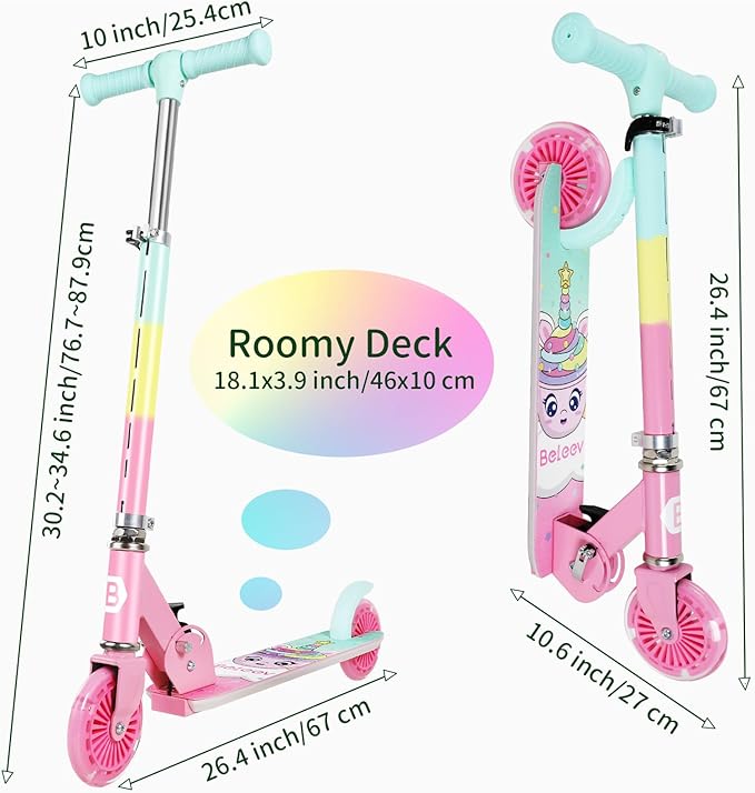 BELEEV V2 Scooters for Kids with Light-Up Wheels & Stem & Deck, 2 Wheel Folding Scooter for Girls Boys, 3 Adjustable Height, Non-Slip Pattern Deck, Lightweight Kick Scooter for Children Ages 3-12-CubbioJoy