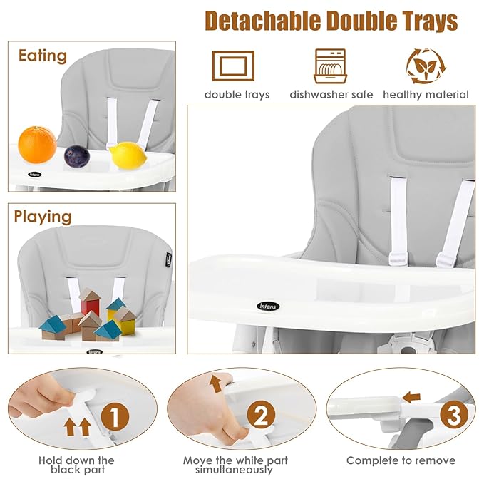 INFANS High Chair for Babies & Toddlers, Foldable Highchair with Multiple Adjustable Backrest Footrest Seat Height, Removable Tray, Detachable PU Leather Cushion Wheels (with Booster, Light Grey)-CubbioJoy