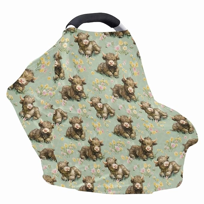 Binienty Highland Cow Baby Car Seat Cover for Boys Girls,Boho Floral Infant Carseat Cover Multi Use Baby Nursing Cover, Shopping Cart/High Chair/Stroller Cover-CubbioJoy