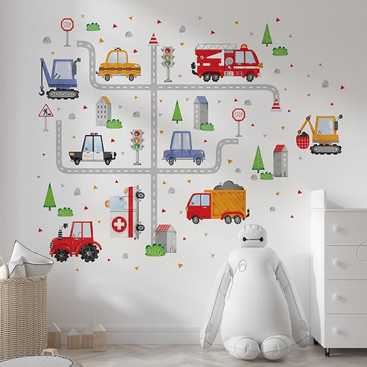 Car Wall Decals by Lipastick - Peel and Stick Transport Road Trucks Stickers for Boys Room, Toddler Bedroom, Baby Nursery, Kids Playroom, Living Room- Removable Decor - L Size-CubbioJoy