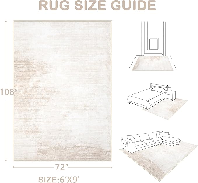 Area Rugs 6x9 Living Room: Washable Rug Modern Abstract Large Rug Soft Non Slip Neutral Rugs Stain Resistant Indoor Carpet for Bedroom Kitchen Dining Room Table Nursery Home Office Rugs(Beige,6'x9')-CubbioJoy