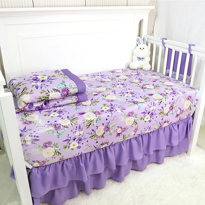 Crib Bedding Set for Girls, Purple Baby Crib Bedding Set 4 Piece, Baby Girl Nursery Bedding Set Including Comforter, Fitted Crib Sheet, Crib Skirt, Diaper Stacker, Floral-CubbioJoy