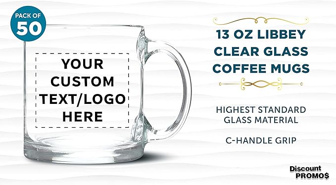 Custom Libbey Clear Glass Coffee Mugs 13 oz. Set of 50, Personalized Bulk Pack - Perfect for Coffee, Tea, Espresso, Hot Cocoa, Other Beverages - Clear Bottom-CubbioJoy