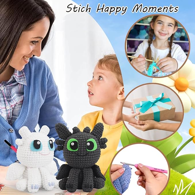 Crochet Kit for Beginners,Beginner Crocheting Animals Kits w Step-by-Step Video Tutorials, Knitting Starter Pack for Adults and Kids,2 Pack Dragon-CubbioJoy