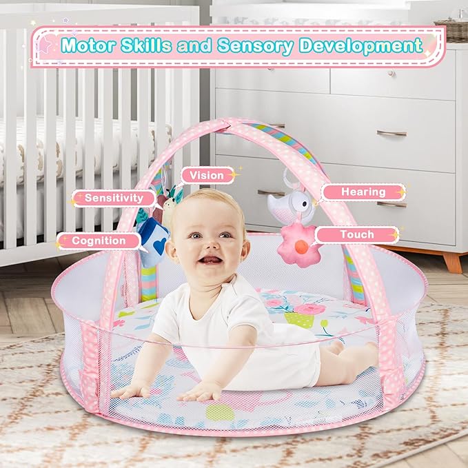 Baby Play Mat, 4-in-1 Baby Play Gym Tummy Time Mat with Ball Pit and 5 Detachable Toys for Newborn to Develop Sensory Exploration and Motor Skill 0-6-12 Months-CubbioJoy