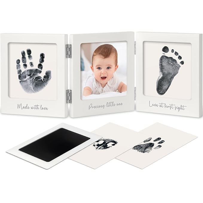 Inkless Baby Handprint and Footprint Kit for Newborn - Baby Footprint Kit, Newborn Keepsake Nursery Picture Frame,Dog Paw Print Maker, Personalized Gifts for New Mom,Showers & Registrys(White/Silver)-CubbioJoy