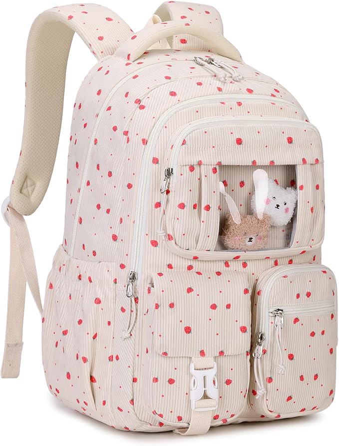 Corduroy Backpack Kids Backpack for Girls School Bags for Middle School Students Book Bag for Elementary Primary Kawaii Ita Backpack, Beige Strawberry-CubbioJoy