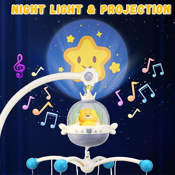 Baby Crib Mobile with Night Lights and Music,Hanging Mobile for Crib Bassinet with Rotation, Projection,Remote Control,Babies Crib Toys for Nursery Newborn Infant Boys Girls (Gray)-CubbioJoy
