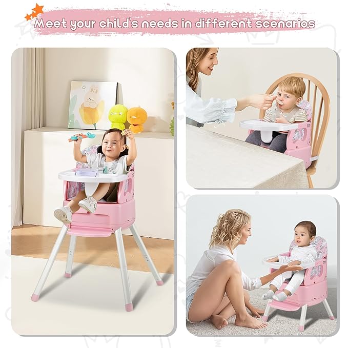 4 in 1 Portable Baby High Chair,Convertible Highchair for Babies & Toddlers-Foldable Infant Booster Seat,Carry Small Box,Dining Chair,Toddler High Chair with 5-Point Harness,Removable Tray-Pink-CubbioJoy