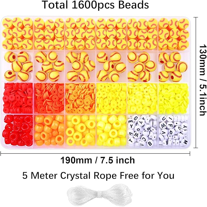 1600PCS Softball Sports Ball Polymer Clay Beads Charms for Friendship Bracelets Making Kit Cute Fun Beads DIY Arts Crafts Birthday Gifts for Kids Girls Softball Bead-CubbioJoy