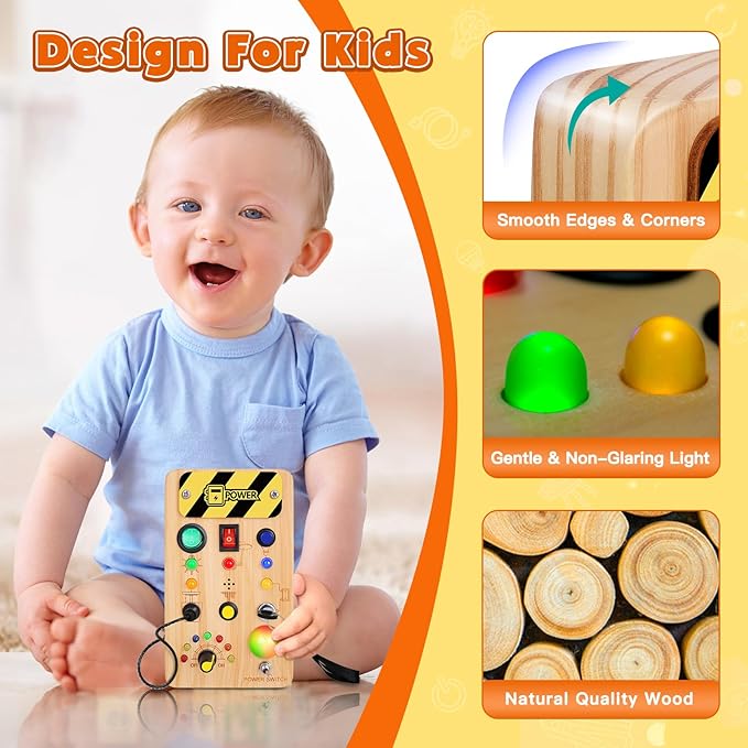 Busy Board Montessori Toys for Toddler, Wooden Sensory Board Switch Toy with Color-Changing LED Light Up Travel Toys Educational Plane Travel Activity for 1-6 Year Old Girls & Boys Gifts-CubbioJoy