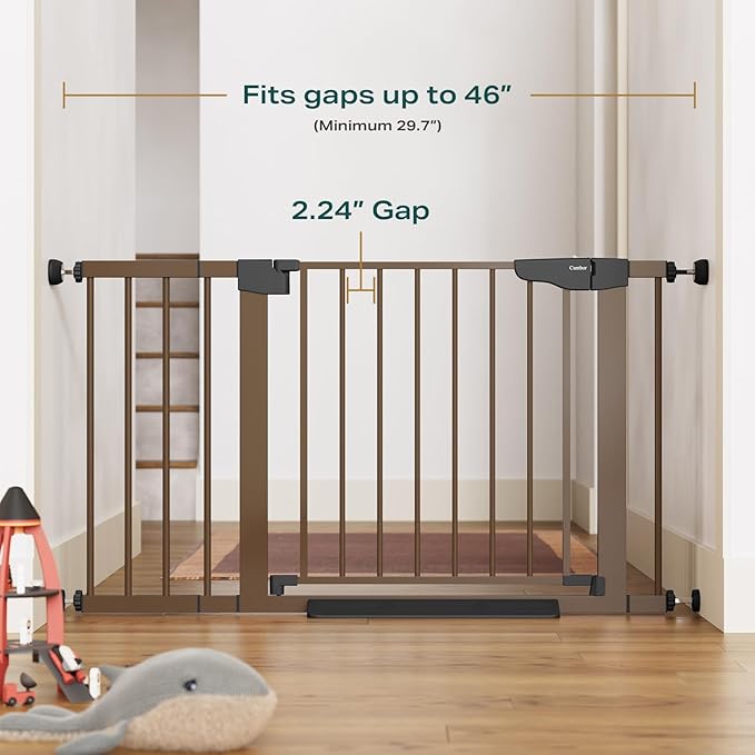 Cumbor 2 Pack 29.7-46" Baby Gate for Stairs, Mom's Choice Awards Winner-Auto Close Dog Gate for doorways, Easy Install Pressure Mounted Pet Gates indoor, Easy Walk Thru Wide Safety Gate for Dog, Brown-CubbioJoy