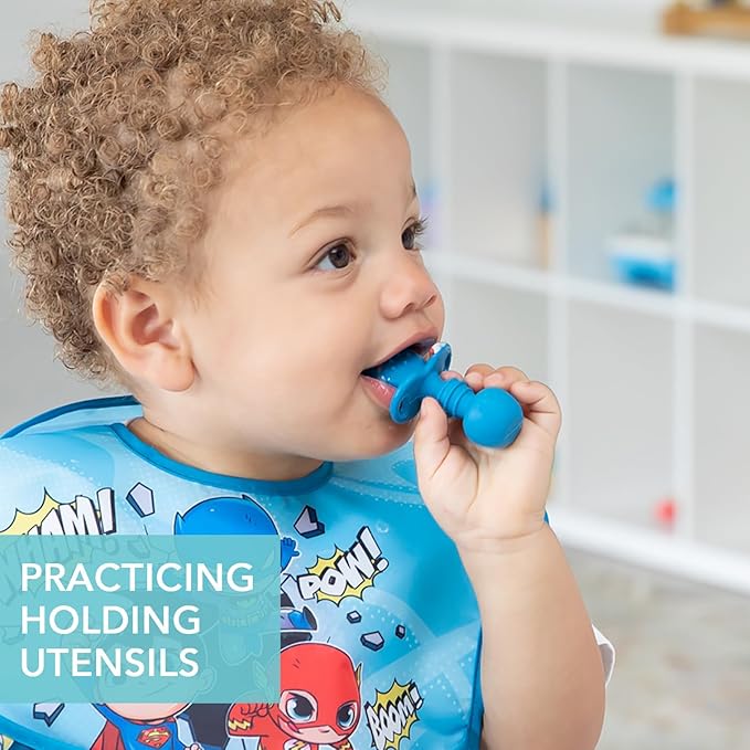 Bumkins Baby Utensils Set, Chewtensils Silicone Spoons for Dipping, Self-Feeding, Baby Led Weaning, Trainer Learning, First Stage Eating, Soft Practice Fork and Spoon, Babies 6 Months, Dark Blue-CubbioJoy