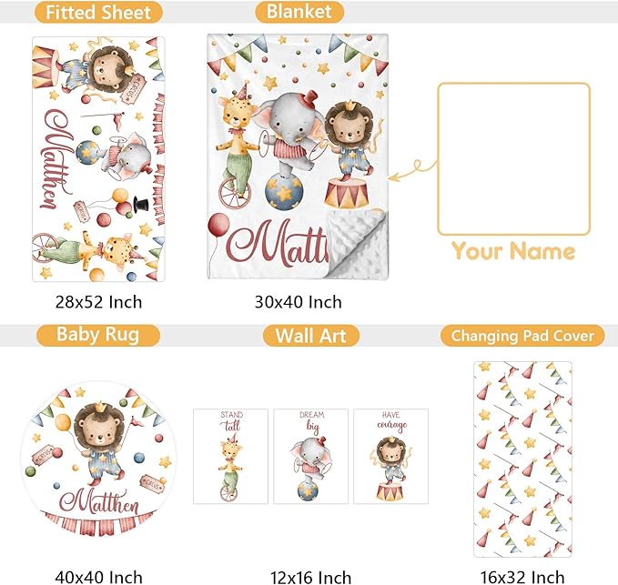 Custom Baby Crib Bedding Set, 5 Pcs Personalized Name Baby Crib Set with Double Layer Blanket, Soft Circus Animals Nursery Bedding Set for Girls Boys, Customized Gifts for Infants Toddlers-CubbioJoy