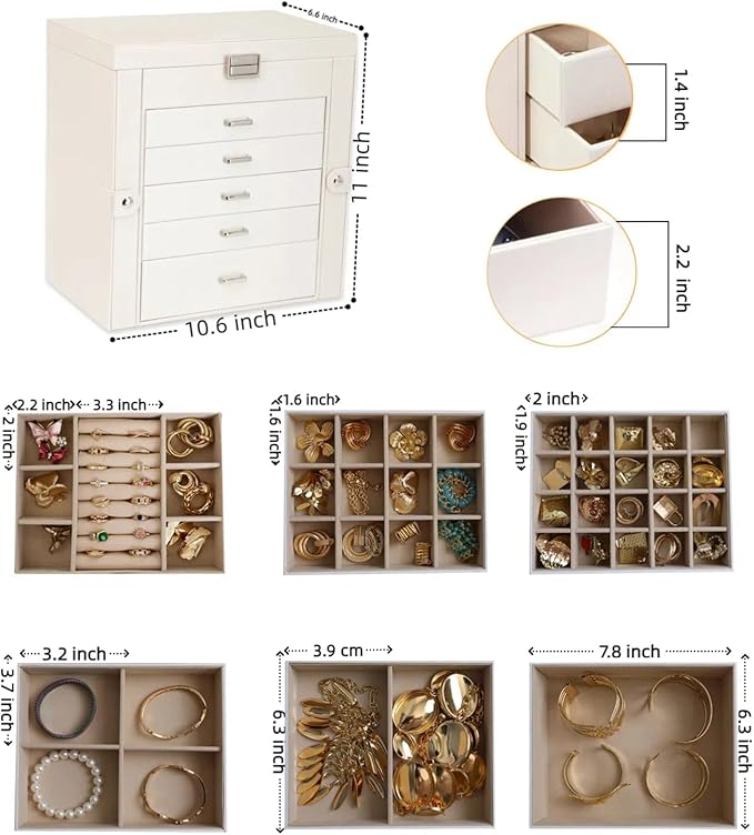 BOOVO Jewelry Box For women, 6 Layer Large Jewelry Organizer With Mirror, Multi-Function Storage Box With Lock, Accessory Holder With 5 Drawers, For Earrings Necklace Ring Bracelet (Pearl White)-CubbioJoy