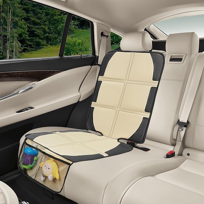 Car Seat Protector for Child Car Seat, 2 Pack Baby Car Seat Covers with Mesh Pockets & Non-Slip Backing 600D Durable Seat Protector Under Baby Car Seat for Car Back Seat (Beige, Large)-CubbioJoy