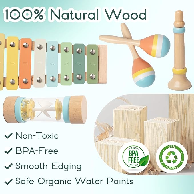 Baby Musical Instruments - Wooden Montessori Toys for Toddlers 1-3,Modern Boho Xylophone Includes Songbook with 13 Kids' Songs,Neutral Colors Wooden Percussion Instruments Set-CubbioJoy