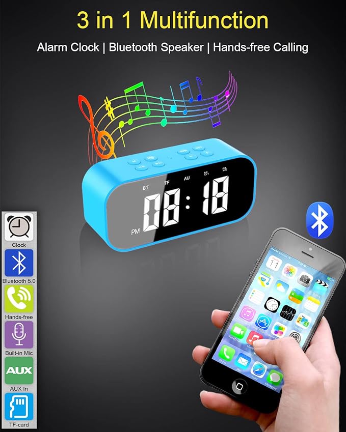 AFK Digital Alarm Clock with Bluetooth Speaker,Desk Clock for Bedrooms,Small Table Clock with Dual Alarms,Snooze,Dimmable LED Display.-CubbioJoy