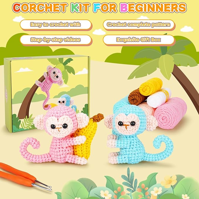 Crochet Kit for Beginners - 2 PCS Monkey with Banana Crochet Kits with Step-by-Step Video Tutorials, Beginner Crochet Kit for Adults, Crochet Monkey Kit for Kids (Blue & Pink)-CubbioJoy