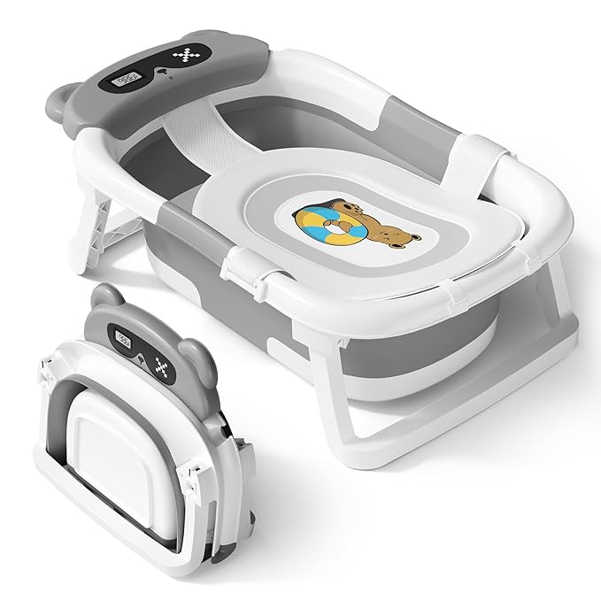 AVIDOR Baby Bathtub,Collapsible Bathtub for Newborn to Toddler,Durable Essential Infant Bath Tub,Portable Travel Baby Tub with Soft Cushion,No-Slip Hanging and Detachable(Grey)-CubbioJoy