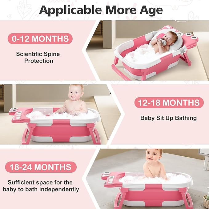 Collapsible Baby Bathtub for Newborn, Foldable Baby Bath Tub with Thermometer & Soft Floating Cushion & Drain Hole, Portable Travel Infant Bath Tubs for Newborns to Toddler 0-36 Months Girl, Pink-CubbioJoy