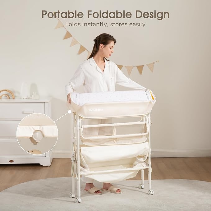 Baby Changing Table with Wheels, Maydolly Portable Foldable Changing Table, Waterproof Diaper Changing Station, Adjustable Height Changing Station, Mobile Nursery for Newborn and Infant (Beige)-CubbioJoy