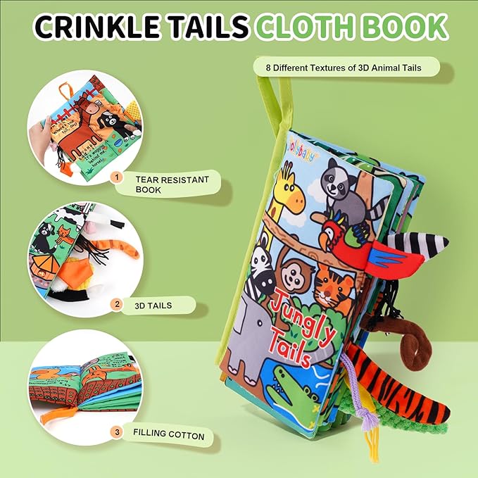 Jollybaby Crinkle Books for Babies, Sensory Soft Touch and Feel Baby Toys for 0-6 Months Infants, Newborn Montessori Early Educational Cloth Toys, Baby Girl & Boy Gift(Jungle Tails)-CubbioJoy