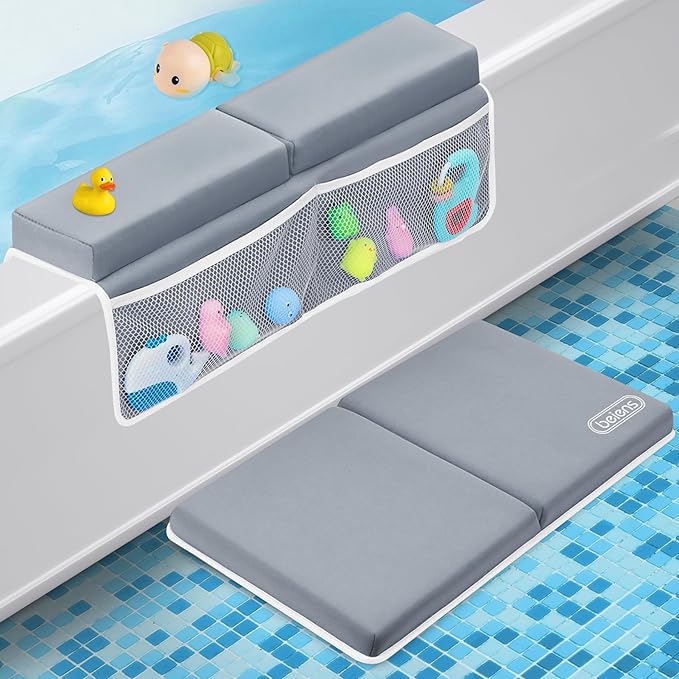 beiens Bath Kneeler and Elbow Rest Pad Set - 1.5'' Comfortable Thick Baby Bath Kneeler Pads, Quick Dry Soft Kneeling Pad for Baby Bath Time, Non-Slip Knee& Arm Support Bathtub Mat with Toys Organizer-CubbioJoy