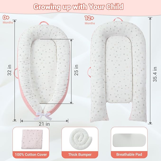 JOLLITO Baby Lounger for Newborn, Breathable Soft Baby for Baby 0-24 Months,Baby Play Mat, Portable Infant Lounger Baby Floor Seat for Home and Travel,Babies Essentials Gifts-CubbioJoy