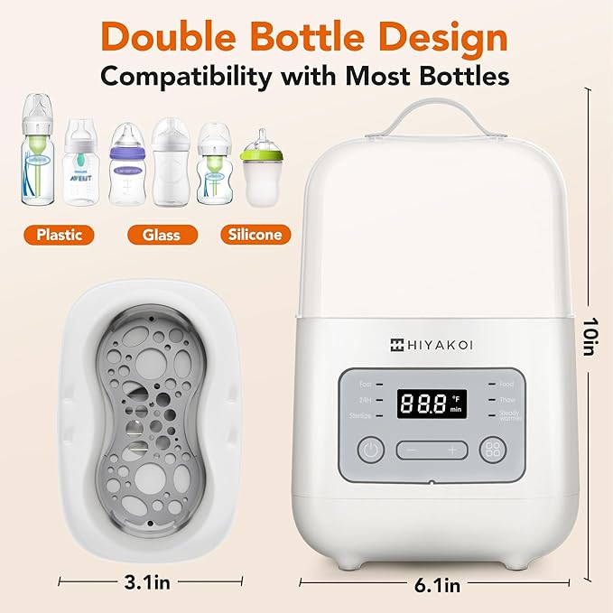 Bottle Warmer, HIYAKOI Fast Baby Bottle Warmer for Breastmilk with Smart Temperature Control, Keep 24H, Sterili-zing, Heat Baby Food, Thaw, Double Bottle Warmer for All Bottles-CubbioJoy