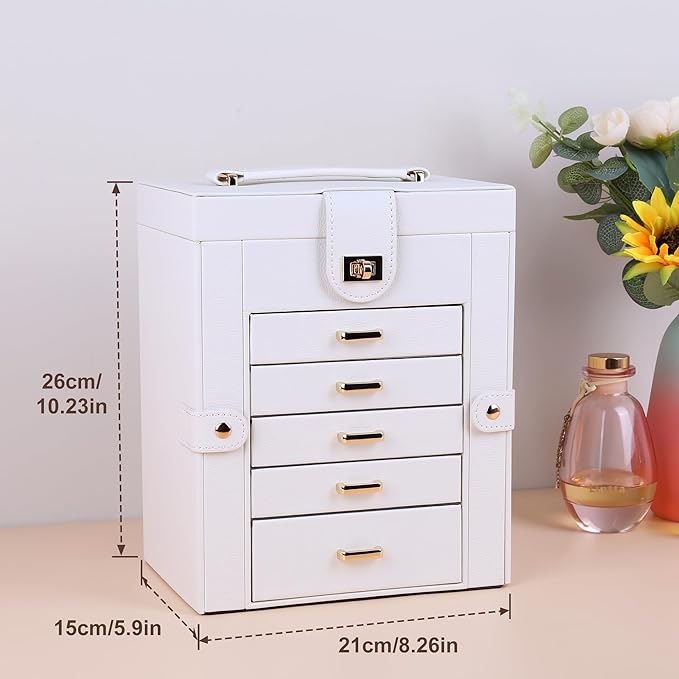 Kendal Jewelry Box, 6-Layer Jewelry Storage Organizer for Necklace Bracelet Rings Watch, 10.2"x8.2"x6" Classic PU Leather 5 Drawers Large Storage Capacity with Mirror-CubbioJoy