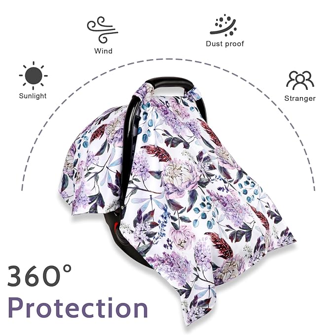 Car Seat Cover Baby, Infant Car Seat Canopy Covers for Newborn Girls Boys, Soft Breathable Mink Carseat Covers Stretchy Multi-Use Nursing Cover for Stroller Baby Car Seat, Purple Flroal-CubbioJoy