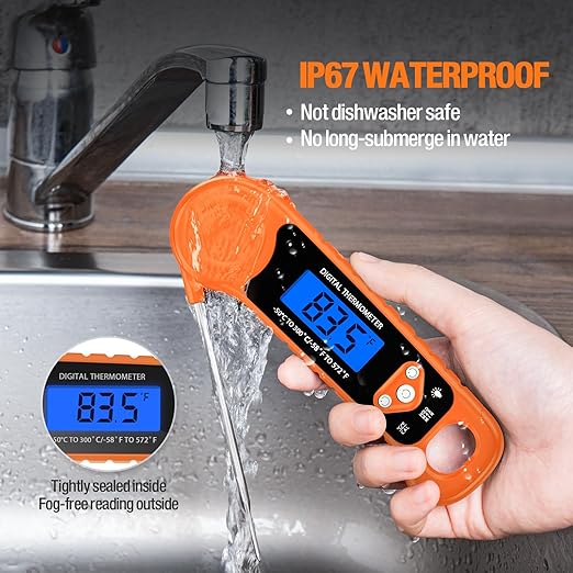 Digital Meat Thermometer for Grilling, Candy Thermometer Instant Read Food Thermometer Waterproof with Backlight for Cooking, Deep Fry, BBQ, Grill, Smoker and Roast (Orange)-CubbioJoy