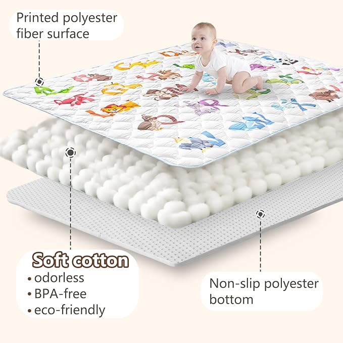 Baby Play Mats for Floor, 71”x59” Upgraded Thickness & Larger Super Soft Playmat for Babies and Toddlers, Foldable Washable, Upgrade Anti-Slip Crawling Mat for Playpen(Animal Alphabets)-CubbioJoy