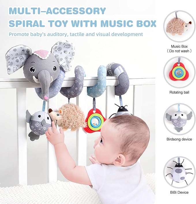 Jollybaby Baby Car Seat Stroller Toys, Plush Activity Hanging Spiral Activity Pram Crib with Music Box, Rattles, Squeaker for Babies Infant Boys Girls (SZ Gray Elephant)-CubbioJoy