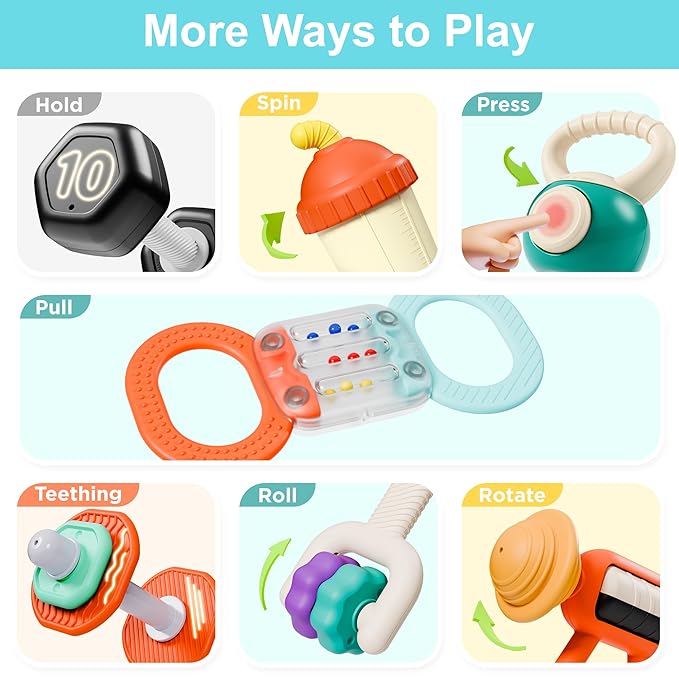 iPlay, iLearn Baby First Gym Rattle Set, Infant Dumbbell Weights Teething Rattles 3-6-12 Month, Newborn Workout Sensory Stroller Toy, Babies Birthday Shower Gift 5 7 8 9 10 Month Toddler Boy Girl-7PCS-CubbioJoy