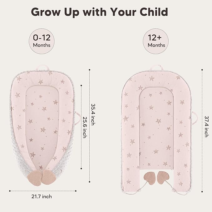 Baby Lounger - Infant Lounger Pillow for Newborn 0-24 Months, Soft, Breathable & Portable Baby Lounger Pillow for Boys & Girls, Cozy Baby Floor Seat for Home & Travel (Pink Star)-CubbioJoy