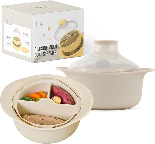 48oz Platinum Silicone 3 Compartmented Microwave Steamer Pot with Handle & Lid - Korea 100% Food-Grade Steamer Bowl, Heat-Resistant Cooker with Steam Holes, Easy Clean, Dishwasher Safe, Ivory-CubbioJoy