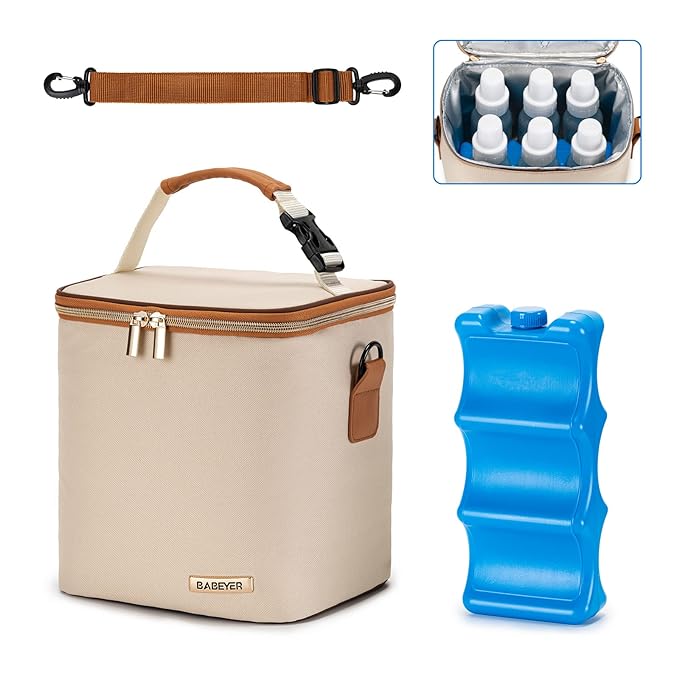 Breastmilk Cooler Bag with Ice Pack Fits 6 Baby Bottles Up to 9 Ounce, Baby Bottle Bag with Shoulder Strap for Nursing Mom Daycare, Cream-CubbioJoy