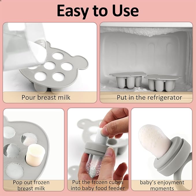 JEXFUN Baby Fruit Food Feeder & Mini Freezer Nibble Tray Combo, Breastmilk Popsicle Molds for Baby Cooling Relief, BPA Free Silicone Feeder for Safe Infant Self Feeding, 4 Month+ (Light Grey)-CubbioJoy