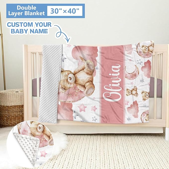 Custom Baby Crib Set, 5 Pcs Personalized Name Pink Bear Theme for Infants Toddlers, Nursery Bedding for Girls, Double Layer Customized Gifts-CubbioJoy