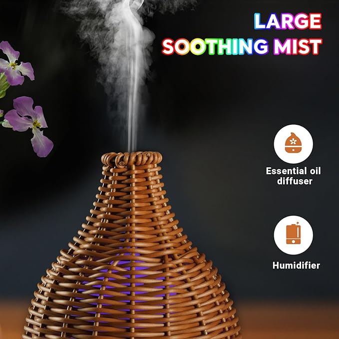 Boho Essential Oil Diffuser for Home Rattan Weaving with Remote Control, 100mL 7 Changing Color Lights Ultrasonic Aroma Humidifier, Noiseless Auto-Off Sleep Mode for Bedroom Office Workout-CubbioJoy
