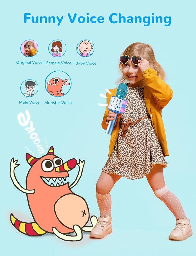 Amazmic Kids Karaoke Microphone Machine Toys for Girls Bluetooth Microphone with LED Light, Birthday Gift for Girls Boys 3 4 5 6 7 8 9 10 11 12 Year Old Kids Toys(Blue)-CubbioJoy