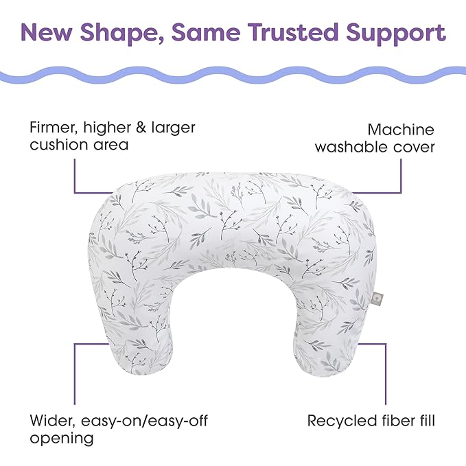 Boppy Nursing Pillow - Ergonomic Bottle & Breastfeeding Pillow with High, Firm, Large Area, Water-Repellent Cushion with Washable Cover; Baby Safety Alliance Verified - Gray Gentle Leaves-CubbioJoy